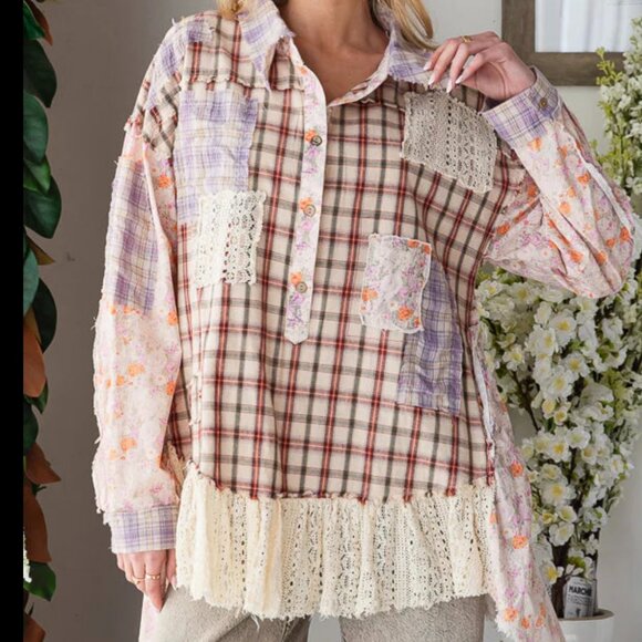 OLI & HALI PATCHWORK AND LACE TRIM OVERSIZED SHIRT - Picture 1 of 1